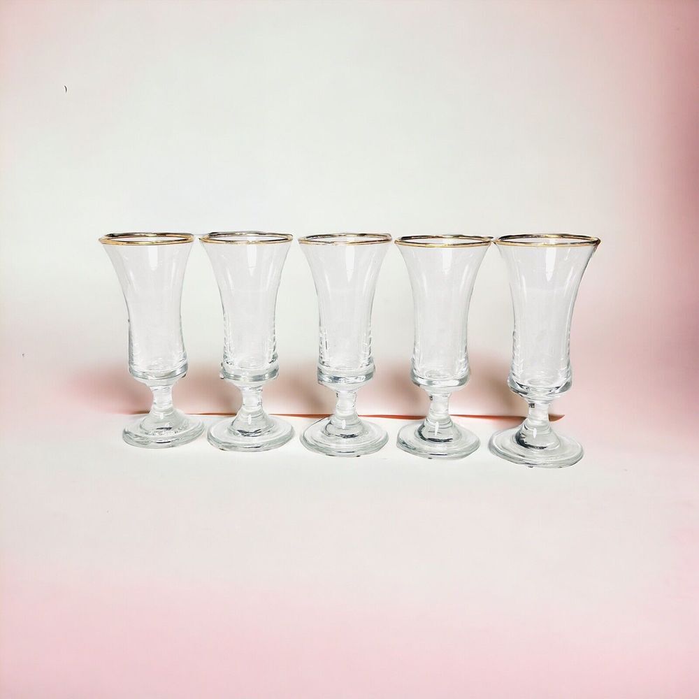 Vintage MCM Five Gold Rimmed Rim Sherry Port Cordial‎ Aperitif Glasses Glass Set